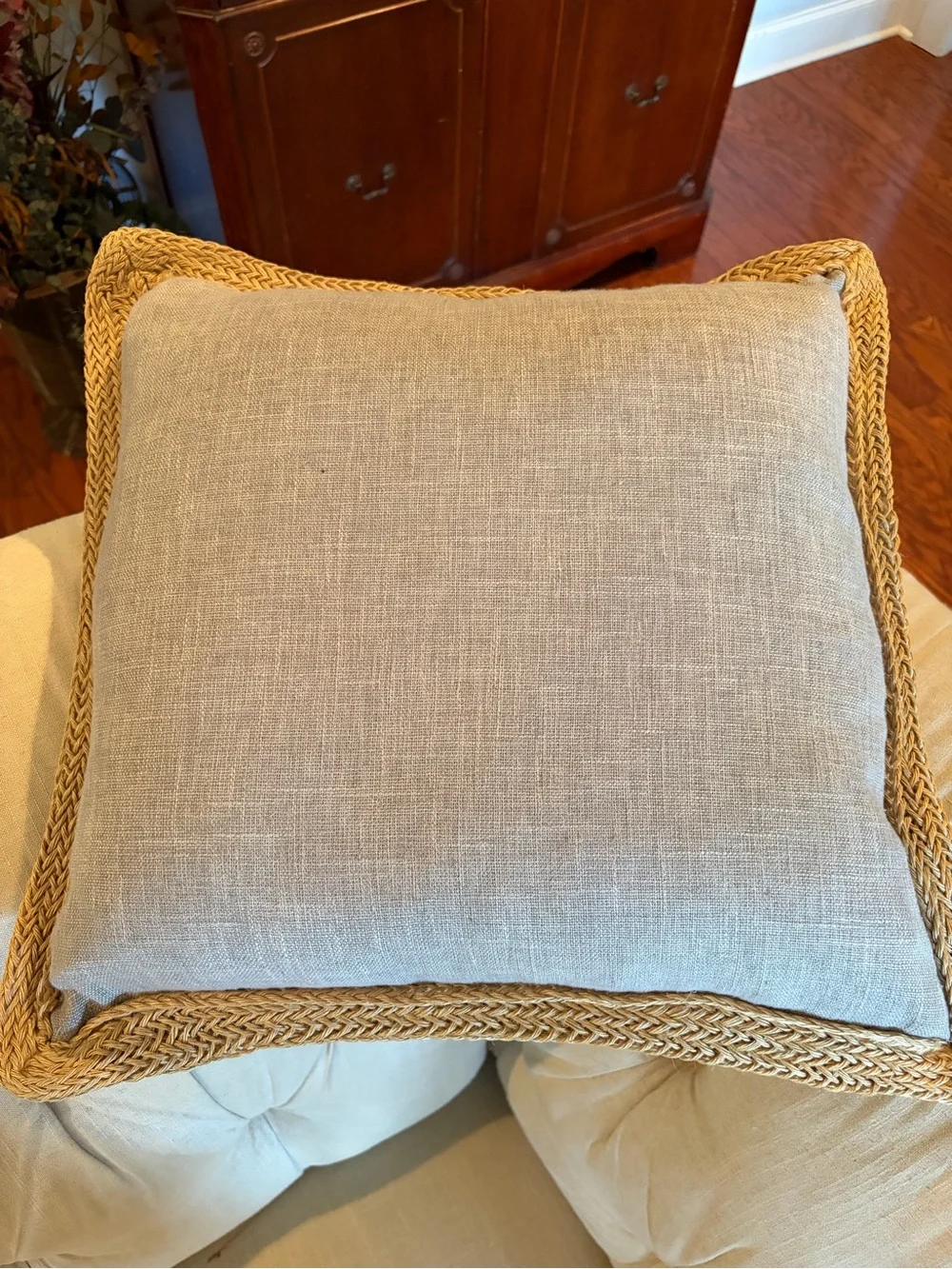 Canaan Company EUC Neutral Linen Throw Pillow with Braided Trim - Set of 3